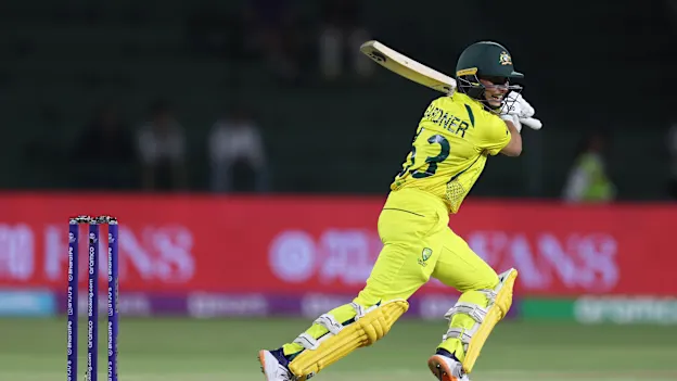 Ashleigh Gardner of Australia plays a shot during the ICC Women's T20 World Cup group A match between Australia and Bangladesh at St George's Park on February 14, 2023 in Gqeberha, South Africa.