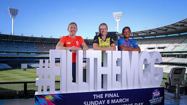 Womens T20 Captains Heather Knight of Great Britain, Meg Lanning of Australia and Harmanpreet Kaur of India pose for a photo during the Future Women's ICC 2020 Women's T20 World Cup Inspiration Session.