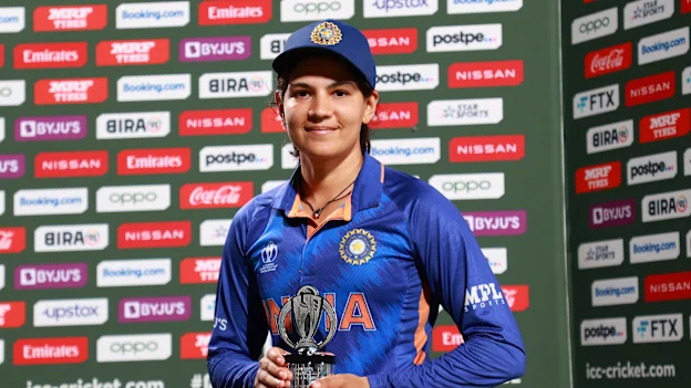 Player of the Match Yastika Bhatia of India poses for photographs after her team's victory in the 2022 ICC Women's Cricket World Cup match between India and Bangladesh at Seddon Park on March 22, 2022 in Hamilton, New Zealand.