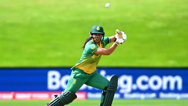 Chloe Tryon of South Africa bats during the 2022 ICC Women's Cricket World Cup match between Bangladesh and South Africa at University Oval on March 05, 2022 in Dunedin, New Zealand.