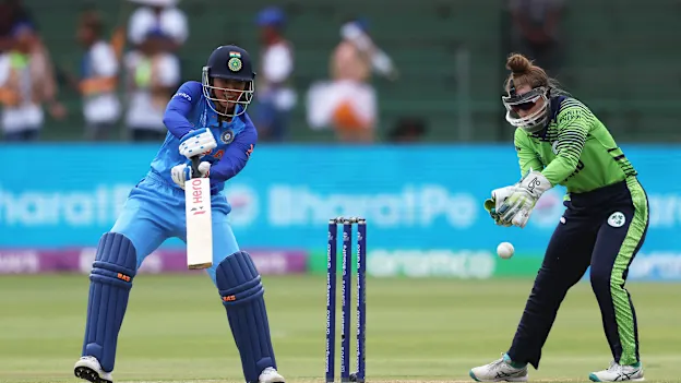 Smriti Mandhana of India plays a shot during the ICC Women's T20 World Cup group B match between India and Ireland at St George's Park on February 20, 2023 in Gqeberha, South Africa.