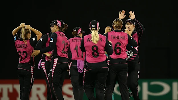 Lea Tahuhu of New Zealand celebrates a wicket with team mates during the ICC Women's World T20 2018 match between New Zealand and Pakistan at Guyana National Stadium on November 15, 2018 in Providence, Guyana.