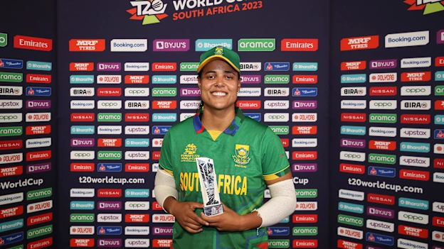 Chloe Tryon of South Africa poses after being named Player of the Match following the ICC Women's T20 World Cup group A match between South Africa and New Zealand at Boland Park on February 13, 2023 in Paarl, South Africa.