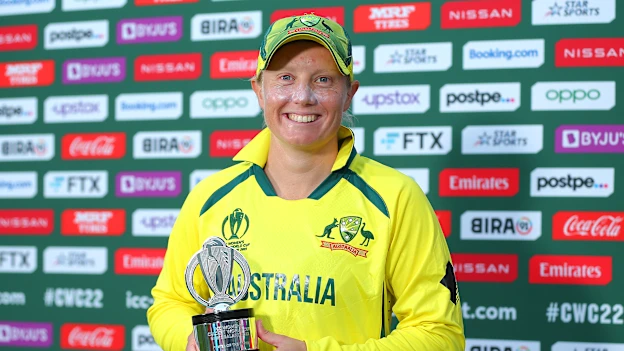 Alyssa Healy of Australia poses with the Player of the Match trophy after her team's victory during the 2022 ICC Women's Cricket World Cup match between Australia and the West Indies at Basin Reserve on March 30, 2022 in Wellington, New Zealand.