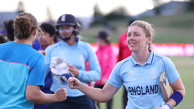 Heather Knight of England reacts after winning the 2022 ICC Women's Cricket World Cup match between England and India at Bay Oval on March 16, 2022 in Tauranga, New Zealand.