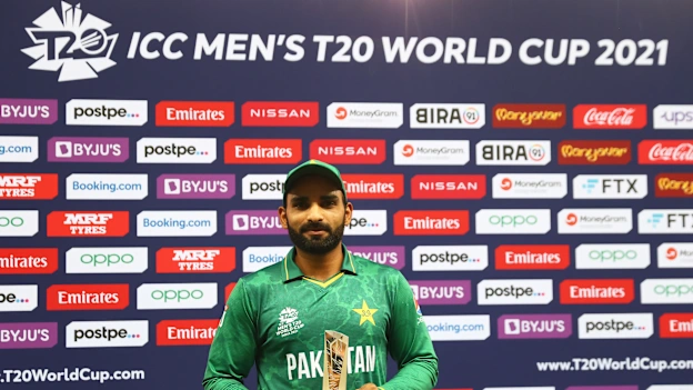 Asif Ali of Pakistan poses after being named Player of the Match following the ICC Men's T20 World Cup match between Pakistan and Afghanistan at Dubai International Stadium on October 29, 2021 in Dubai, United Arab Emirates.