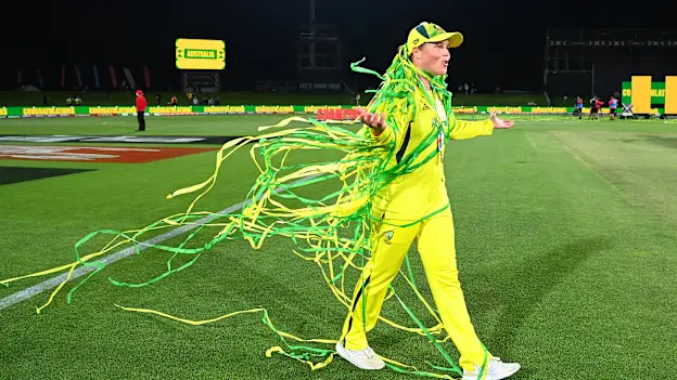Grace Harris of Australia celebrates after Australia won the 2022 ICC Women's Cricket World Cup Final match between Australia and England at Hagley Oval on April 03, 2022 in Christchurch, New Zealand.