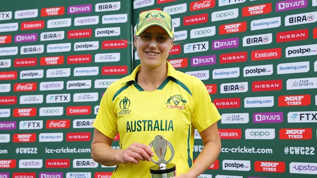 Ellyse Perry of Australia poses with the Player of the Match award after the 2022 ICC Women's Cricket World Cup match between New Zealand and Australia at Basin Reserve on March 13, 2022 in Wellington, New Zealand.