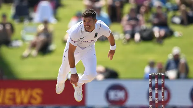 James Anderson of England bowls during day four of the First Test match in the series between New Zealand and England at Bay Oval on February 19, 2023 in Mount Maunganui, New Zealand.