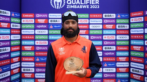 Vikram Singh of Netherlands poses after being named Player of the Match following the ICC Men's Cricket World Cup Qualifier Zimbabwe 2023 Super 6 match between Netherlands and Oman at Harare Sports Club on July 03, 2023 in Harare, Zimbabwe.