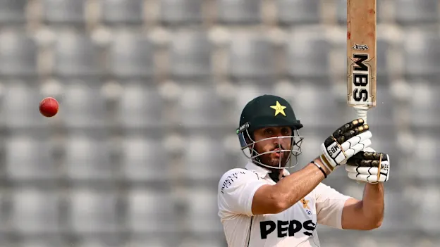 Pakistan's Salman Agha plays a shot during the fourth day of the second Test cricket match between Bangladesh and Pakistan at the Sylhet International Cricket Stadium in Sylhet.