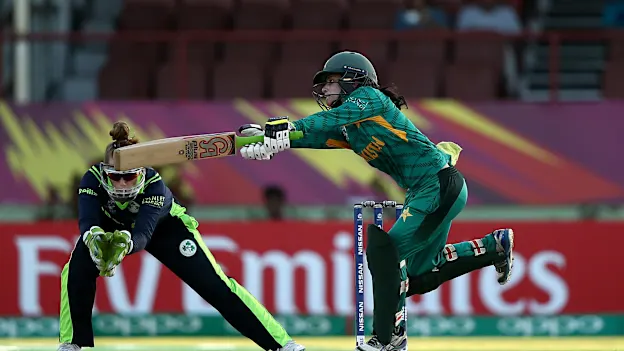 Javeria Khan of Pakistan bats with Mary Waldron, wicket keeper of Ireland looking on during the ICC Women's World T20 2018 match between Pakistan and Ireland at Guyana National Stadium on November 13, 2018 in Providence, Guyana.