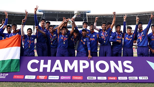 India celebrate with ICC U19 Mens World Cup Trophy