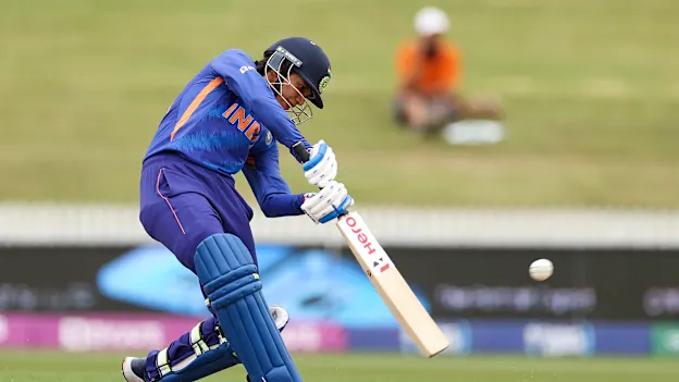 Smriti Mandhana of India bats during the 2022 ICC Women's Cricket World Cup match between West Indies and India at Seddon Park on March 12, 2022 in Hamilton, New Zealand.