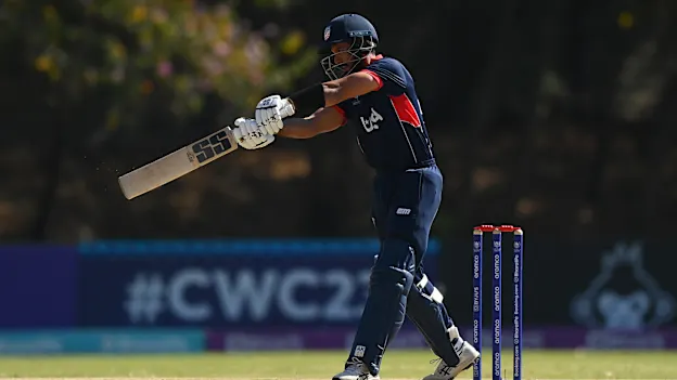 Shayan Jahangir of USA plays a shot during the ICC Men's Cricket World Cup Qualifier Zimbabwe 2023 match between the Netherlands and USA at Takashinga Cricket Club on June 22, 2023 in Harare, Zimbabwe.