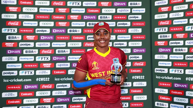 Hayley Matthews of the West Indies poses after receiving the Player of the Match award during the 2022 ICC Women's Cricket World Cup match between New Zealand and the West Indies at Bay Oval on March 04, 2022 in Tauranga, New Zealand.