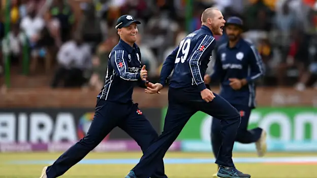 Michael Leask of Scotland celebrates the wicket of Richard Ngarava of Zimbabwe during the ICC Men's Cricket World Cup Qualifier Zimbabwe 2023 match between Zimbabwe and Scotland at Queen’s Sports Club on July 04, 2023 in Bulawayo, Zimbabwe.