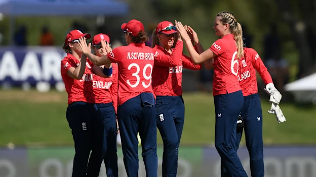 Lauren Bell of England celebrates the wicket of Arlene Kelly of Ireland during the ICC Women's T20 World Cup group B match between Ireland and England at Boland Park on February 13, 2023 in Paarl, South Africa.