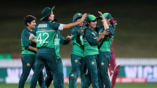 Nashra Sandhu (second from right) of Pakistan celebrates after taking the wicket of Stafanie Taylor of the West Indies during the 2022 ICC Women's Cricket World Cup match between West Indies and Pakistan at Seddon Park on March 21, 2022.