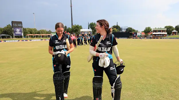 Anna Browning of New Zealand and Georgia Plimmer of New Zealand celebrate following the ICC Women's U19 T20 World Cup 2023 match between New Zealand and West Indies at JB Marks Oval on January 19, 2023 in Potchefstroom, South Africa.