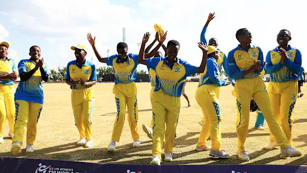 Players of Rwanda celebrate following the ICC Women's U19 T20 World Cup 2023 Super 6 match between West Indies and Rwanda at North-West University Oval on January 22, 2023 in Potchefstroom, South Africa.