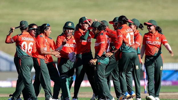Bangladesh celebrate the win during the 2022 ICC Women's Cricket World Cup match between Pakistan and Bangladesh at Seddon Park on March 14, 2022 in Hamilton, New Zealand.