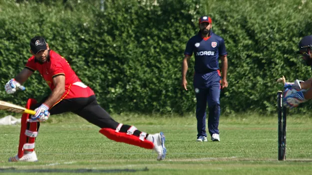 Shaheryar Butt is stumped by Ifthikar off Shahzad Umran and Norway have beaten Belgium at the ICC Europe Division 1 Tournament in The Netherlands