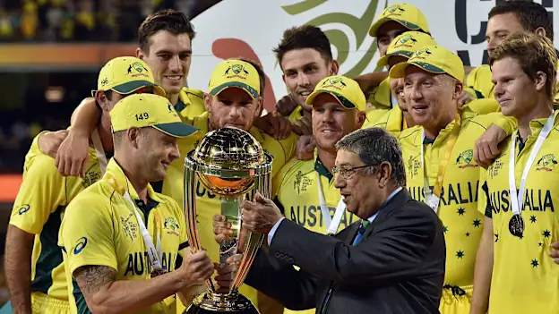 Australia lifting the ICC Cricket World Cup trophy in 2015.