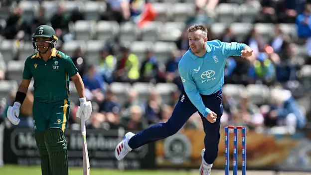 Mason Crane of England bowls during the tour match between England Lions and South Africa A at New Road on June 09, 2026 in Worcester, England