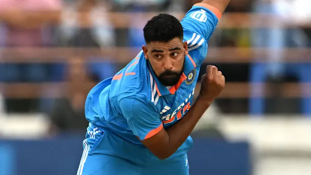 India's Mohammed Siraj bowls during the third and final one-day international (ODI) cricket match between India and Australia