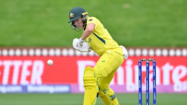 Alyssa Healy of Australia bats during the 2022 ICC Women's Cricket World Cup match between Australia and the West Indies at Basin Reserve on March 30, 2022 in Wellington, New Zealand.