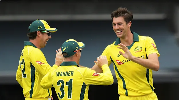 Cummins celebrates a wicket vs England