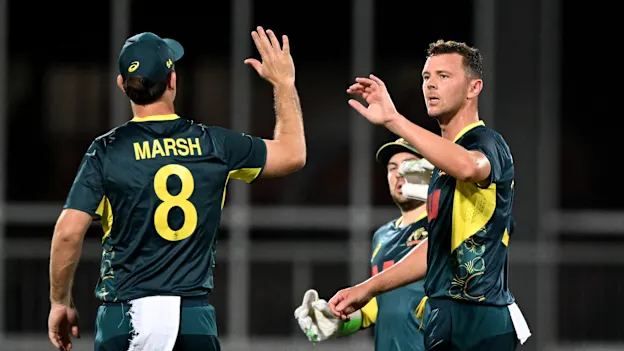 Josh Hazlewood and Mitchell Marsh celebrate a wicket