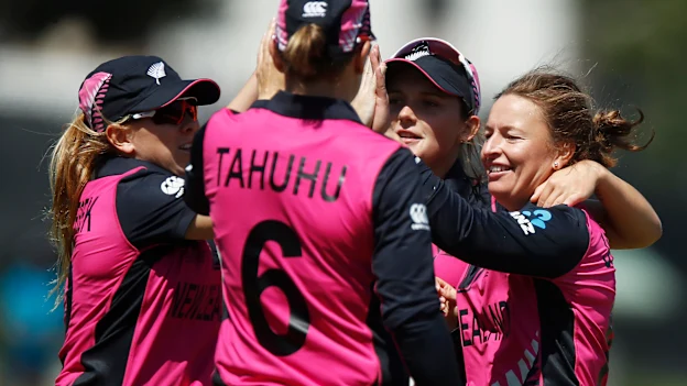 New Zealand celebrate the wicket of Ayasha Rahman of Bangladesh during the ICC Women's T20 Cricket World Cup match between New Zealand and Bangladesh at Junction Oval on February 29, 2020 in Melbourne, Australia.