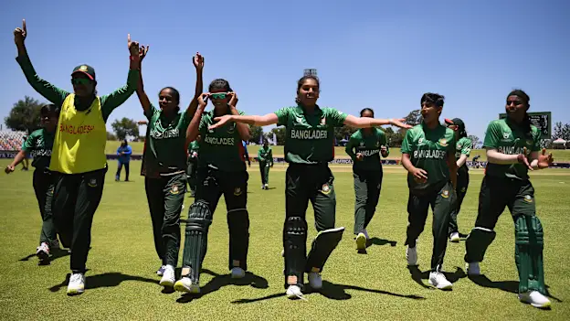 Players of Bangladesh celebrate following the ICC Women's U19 T20 World Cup 2023 match between Australia and Bangladesh at Willowmoore Park on January 14, 2023 in Benoni, South Africa.