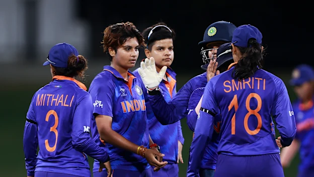 India players leave the field after being dismissed after winning the 2022 ICC Women's Cricket World Cup match between Pakistan and India at Bay Oval on March 06, 2022 in Tauranga, New Zealand.