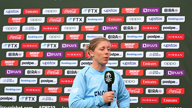 England captain Heather Knight is interviewed after her team's defeat during the 2022 ICC Women's Cricket World Cup match between West Indies and England at University Oval on March 09, 2022 in Dunedin, New Zealand.