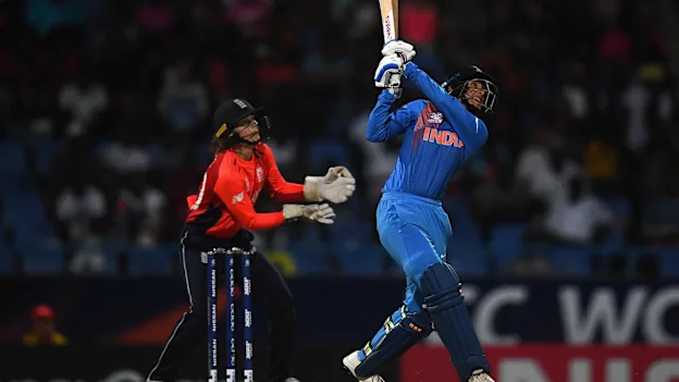 Smriti Mandhana of India bats during the ICC Women's World T20 2018 Semi-Final match between England and India at Sir Viv Richards Cricket Ground on November 22, 2018 in Antigua, Antigua and Barbuda.