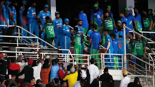 Pakistan and India players hand shake fter Match abandoned due to rain during the Asia Cup Group A match between India and Pakistan at Pallekele International Cricket Stadium on September 2, 2023 in Kandy, Sri Lanka.
