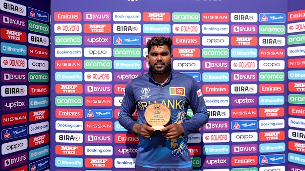 Wanindu Hasaranga of Sri Lanka poses for a photograph with the Player of the Match award after the ICC Men´s Cricket World Cup Qualifier Zimbabwe 2023 match between Sri Lanka and Oman at Queen’s Sports Club on June 23, 2023 in Bulawayo, Zimbabwe.
