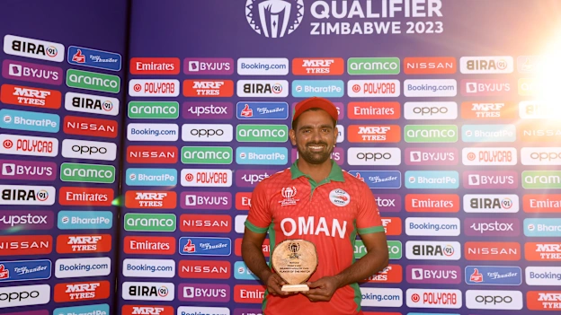 Shoaib Khan of Oman poses after being named Player of the Match following the ICC Men's Cricket WorldCup Qualifier Zimbabwe 2023 match between Oman and United Arab Emirates at Bulawayo Athletic Club on June 21, 2023 in Bulawayo, Zimbabwe.
