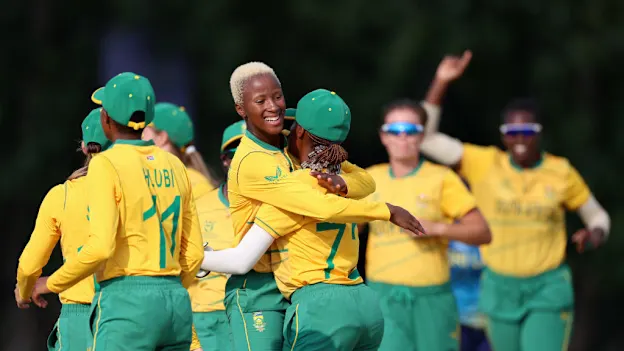 Players of South Africa celebrate the wicket of Vidushika Perera of Sri Lanka during the ICC Women's U19 T20 World Cup 2023 Super 6 match between South Africa and Sri Lanka at North-West University Oval on January 24, 2023 in Potchefstroom, South Africa.