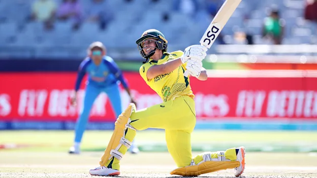 Ashleigh Gardner of Australia plays a shot during the ICC Women's T20 World Cup Semi Final match between Australia and India at Newlands Stadium on February 23, 2023 in Cape Town, South Africa.