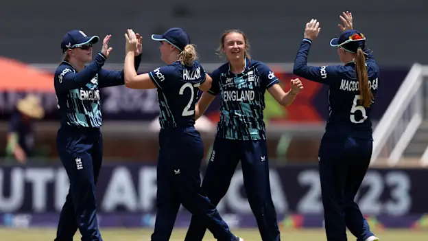 Hannah Baker of England celebrates the wicket of Aimee Maguire of Ireland during the ICC Women's U19 T20 World Cup 2023 Super 6 match between Ireland and England at JB Marks Oval on January 21, 2023 in Potchefstroom, South Africa.