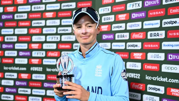 Danielle Wyatt of England poses with the Player of the Match award after the 2022 ICC Women's Cricket World Cup Semi Final match between South Africa and England at Hagley Oval on March 31, 2022 in Christchurch, New Zealand.