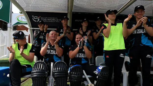 Players of New Zealand celebrate following the ICC Women's U19 T20 World Cup 2023 match between New Zealand and West Indies at JB Marks Oval on January 19, 2023 in Potchefstroom, South Africa.