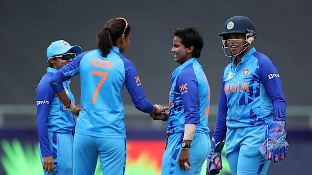 Deepti Sharma of India celebrates the wicket of Afy Fletcher of West Indies for their 100th T20 international wicket during the ICC Women's T20 World Cup group B match between West Indies and India at Newlands Stadium on February 15, 2023..