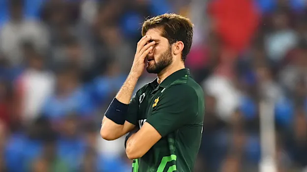 Shaheen Afridi of Pakistan reacts during the ICC Men's Cricket World Cup India 2023 between India and Pakistan at Narendra Modi Stadium