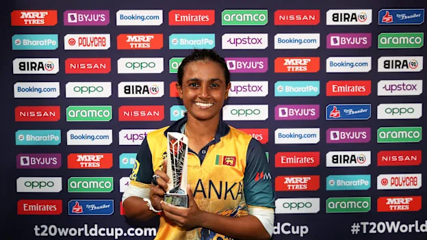 Harshitha Samarawickrama of Sri Lanka poses after being named Player of the Match following the ICC Women's T20 World Cup group A match between Bangladesh and Sri Lanka at Newlands Stadium on February 12, 2023 in Cape Town, South Africa.