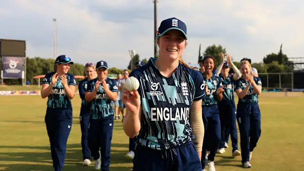 Ellie Anderson of England poses with the match ball after taking 5-12 following the ICC Women's U19 T20 World Cup 2023 Super 6 match between England and West Indies at JB Marks Oval on January 25, 2023 in Potchefstroom, South Africa.